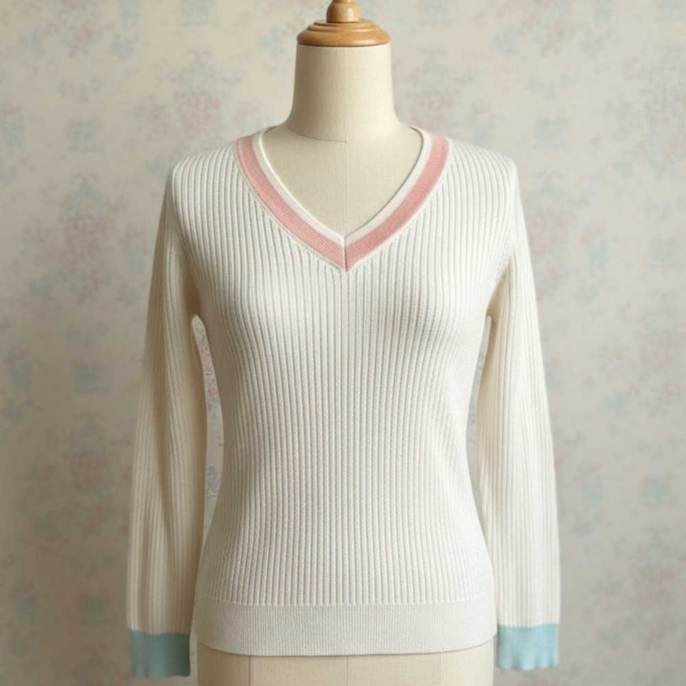 Talbots Women’s Tipped V Neck Colorblock Pastel Tennis Sweater Size S Coquette